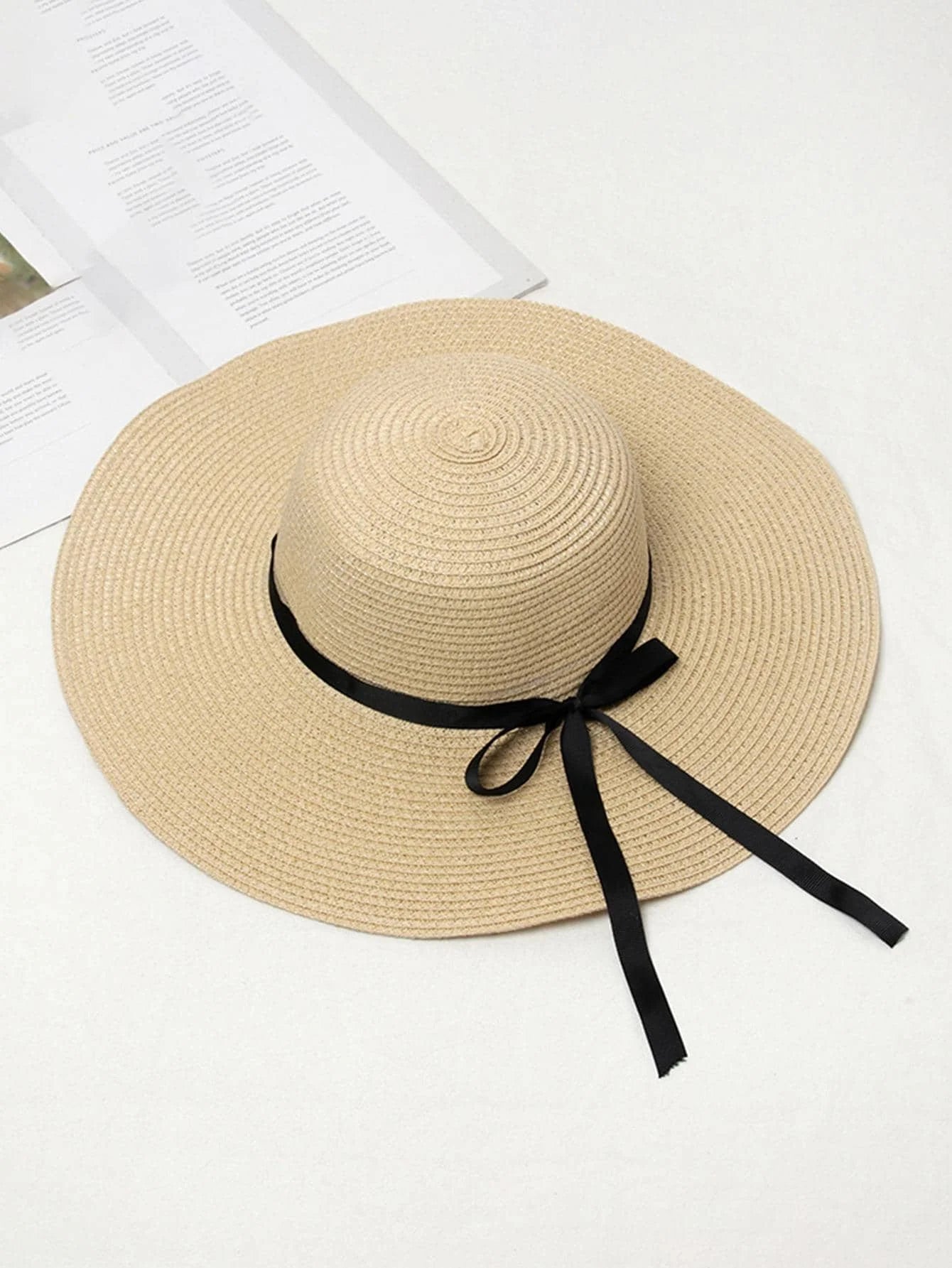 1pc Women Solid Bow Decor Wide Brim Sun Protection Straw Hat For Beach