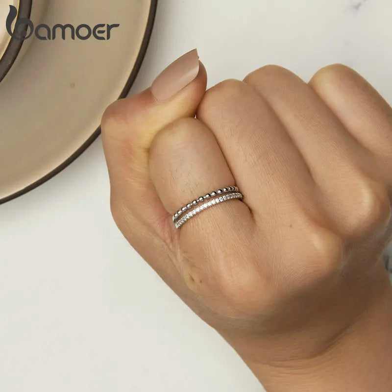 Bamoer 925 Sterling Silver Double Layer Ring Stackable Finger Ring for Women Engagement Band Fine Jewelry Gift