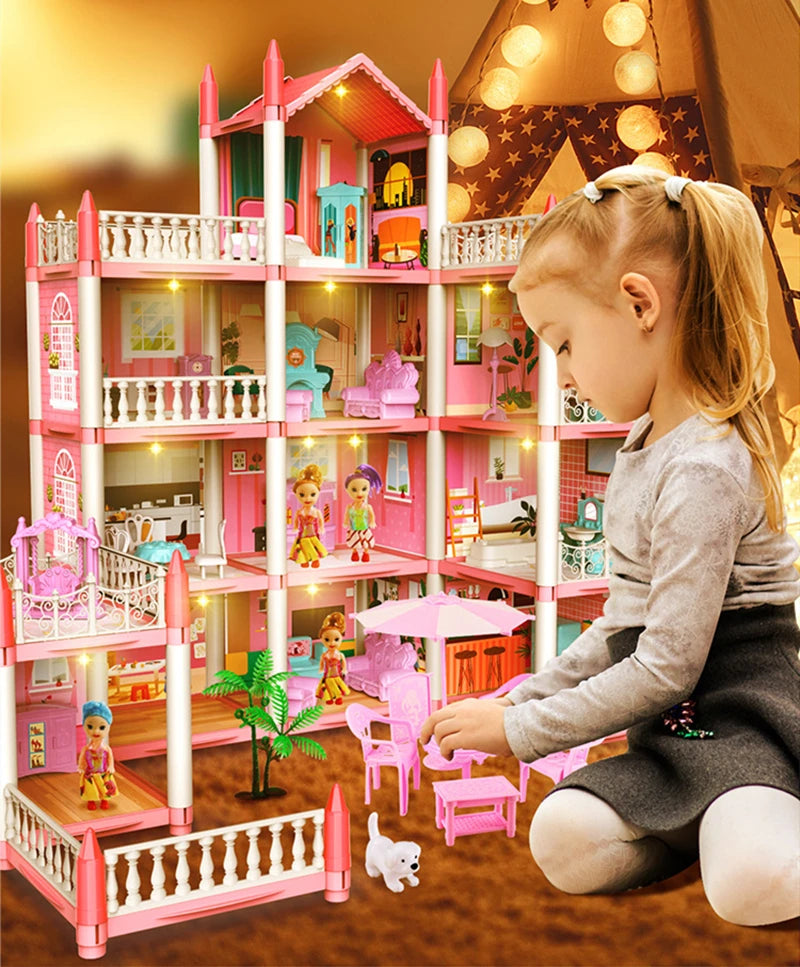 3D DIY Dream Princess Castle Villa Assembly Doll House Set Toy Girl Family Toy Children's Music Doll House Assembly Villa House