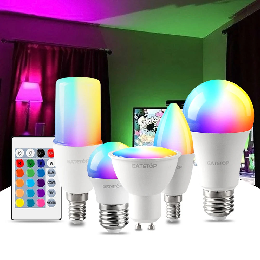 T37 C37 A60 E27 E14 B22 LED RGB Bulb AC120V 230V Bombillas 6W 10W IR Remote Control Smart neon wall  RGBW Bar Home Decoration