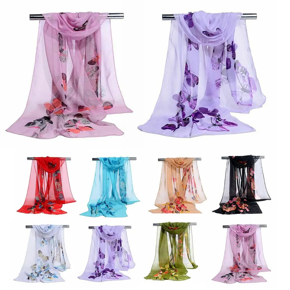 Elegant Silk Scarves Women's Butterfly Flower Print Long Chiffon Scarf Soft Wrap Lady Shawl New Trendy Fashion Accessories