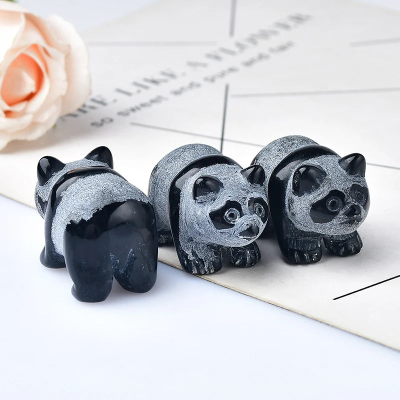 Natural Crystal Obsidian China Bear Panda Figurine Animals Stone Reiki Crafts Small Decoration Home Decor Present Souvenir