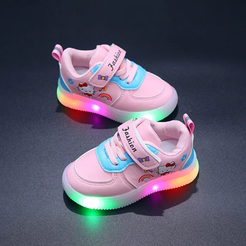 Sanrio LED Kids Shoes for Girls Cute Cartoon Hello Kitty Shoes Summer Girl Kawaii Shoes Soft Bottom Sneakers Casual Shoes