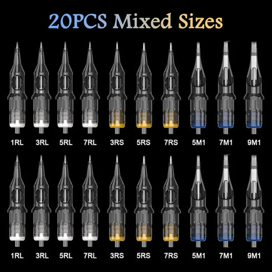 20PCS Original Mixed Cartridge Tattoo Needle Disposable Sterilized Safety Tattoo Needle for Cartridge Machines Grips