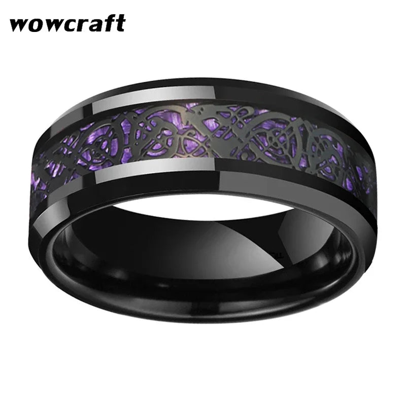 Men Dragon Wedding Bands Black Tungsten Carbide Ring with Purple Carbon Fiber Inlay Comfort Fit