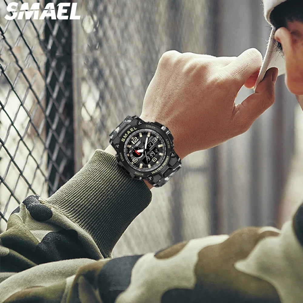 SMAEL Men's Multi functional Waterproof Night Light Alarm Clock Sports Outdoor Watch 1545D Camo Tactical Watch