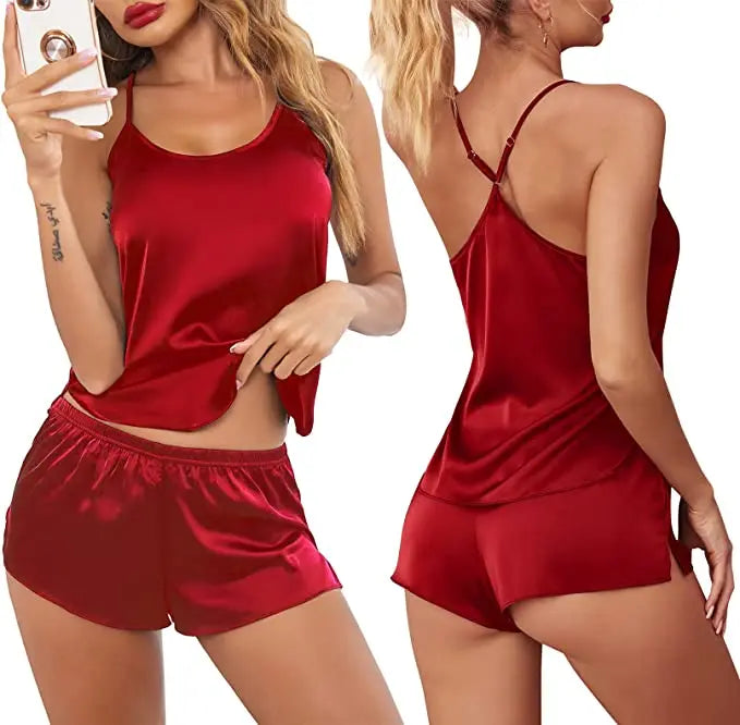 Women's Sleepwear Sexy Lace Satin Pajama Sets Nightwear Sleeveless Tops+Shorts 2 Pcs Sets Pyjama Sets For Women Pijama