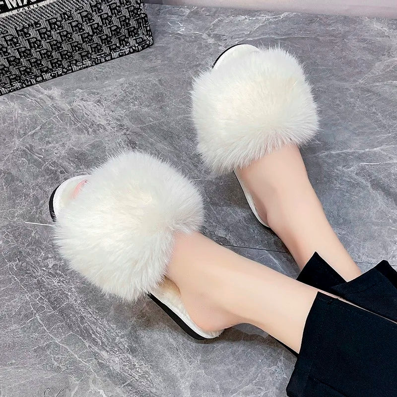 Winter Fur Slippers Home Women Indoor Furry Soft Fluffy Plush Platform Flat Cotton Slippers Luxury Designer Slides House Shoes