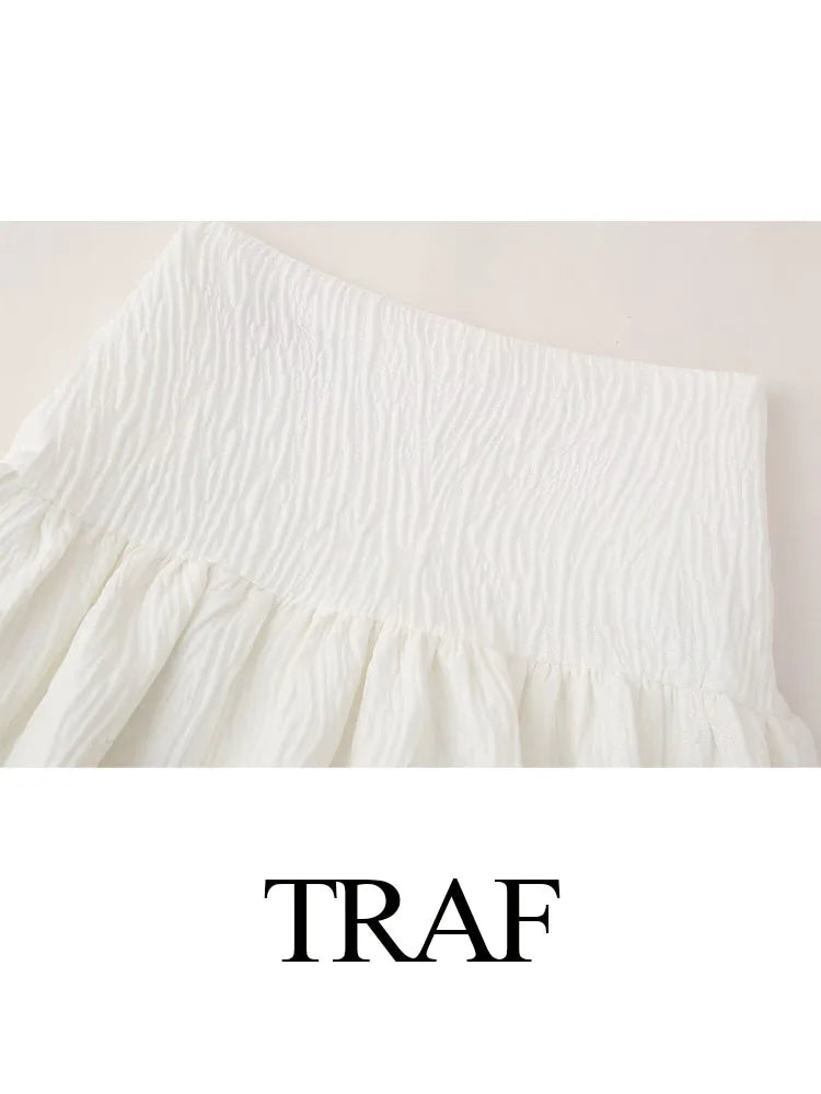 TRAF 2024 Woman's Spring Fashion Chic Short Skirts White High Waist Folds Decorate Zipper Mini Skirts Female Pleated Skirts