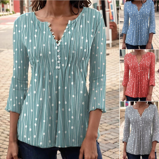 New V-neck Printed Long-sleeved Shirt Bottoming Shirt Woman