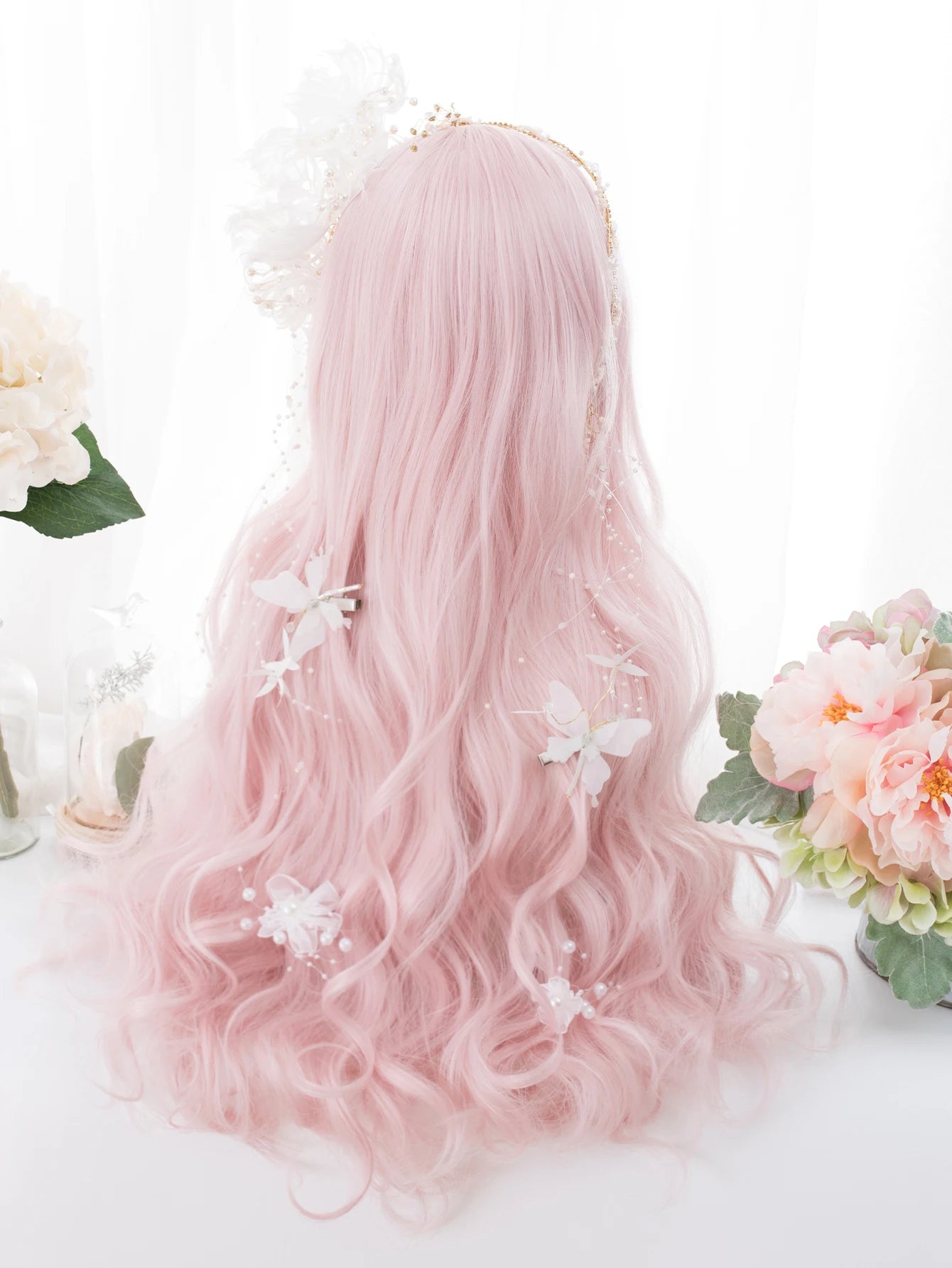 26Inch Peach Pink Color Synthetic Wigs With Bang Long Natural Wavy Hair Wig for Women Daily Use Cosplay Heat Resistant