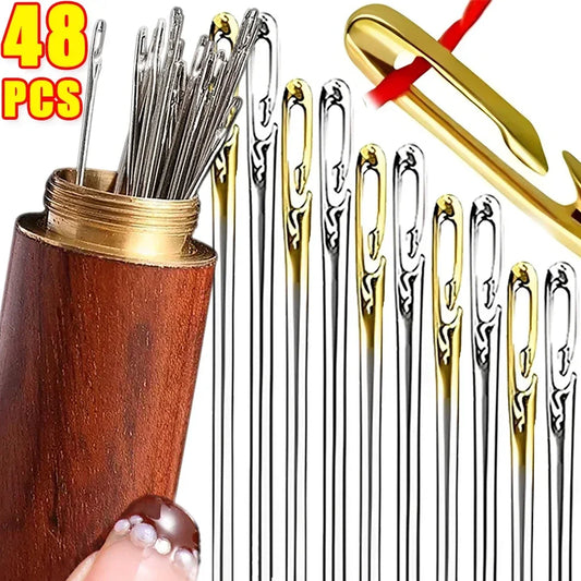 48/12Pcs Blind Sewing Needles Elderly Big Hole Stainless Steel Self Threading Needles Hand Sewing Embroidery Needle Accessories