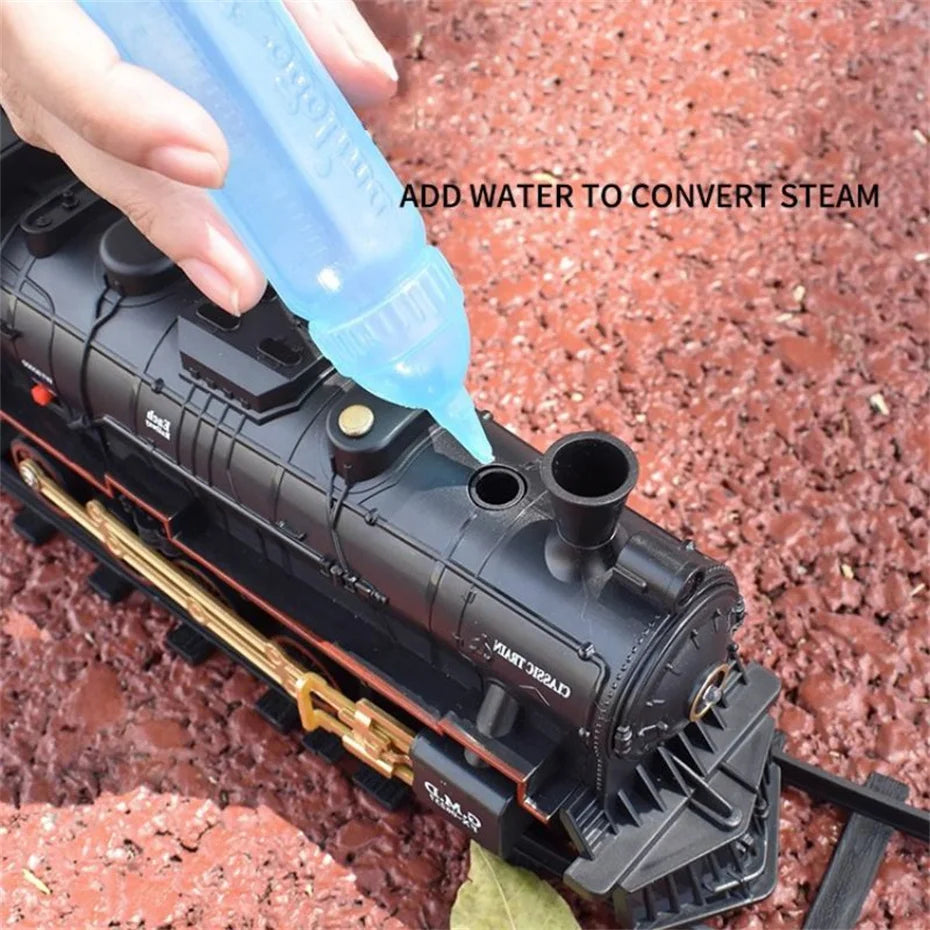 Classical Battery Operate Electric Railway Train Steam Locomotive Set Adding Water to Smoke Train Toys with Light&Sound ﻿