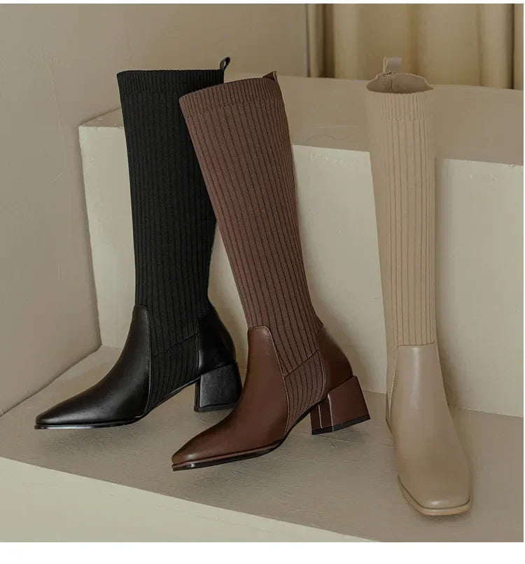 Autumn Winter Knitted Long Boots Women New Knee High Socks Shoes Women Fashion Slip on High Heels Retro Elastic Botas Mujer 202