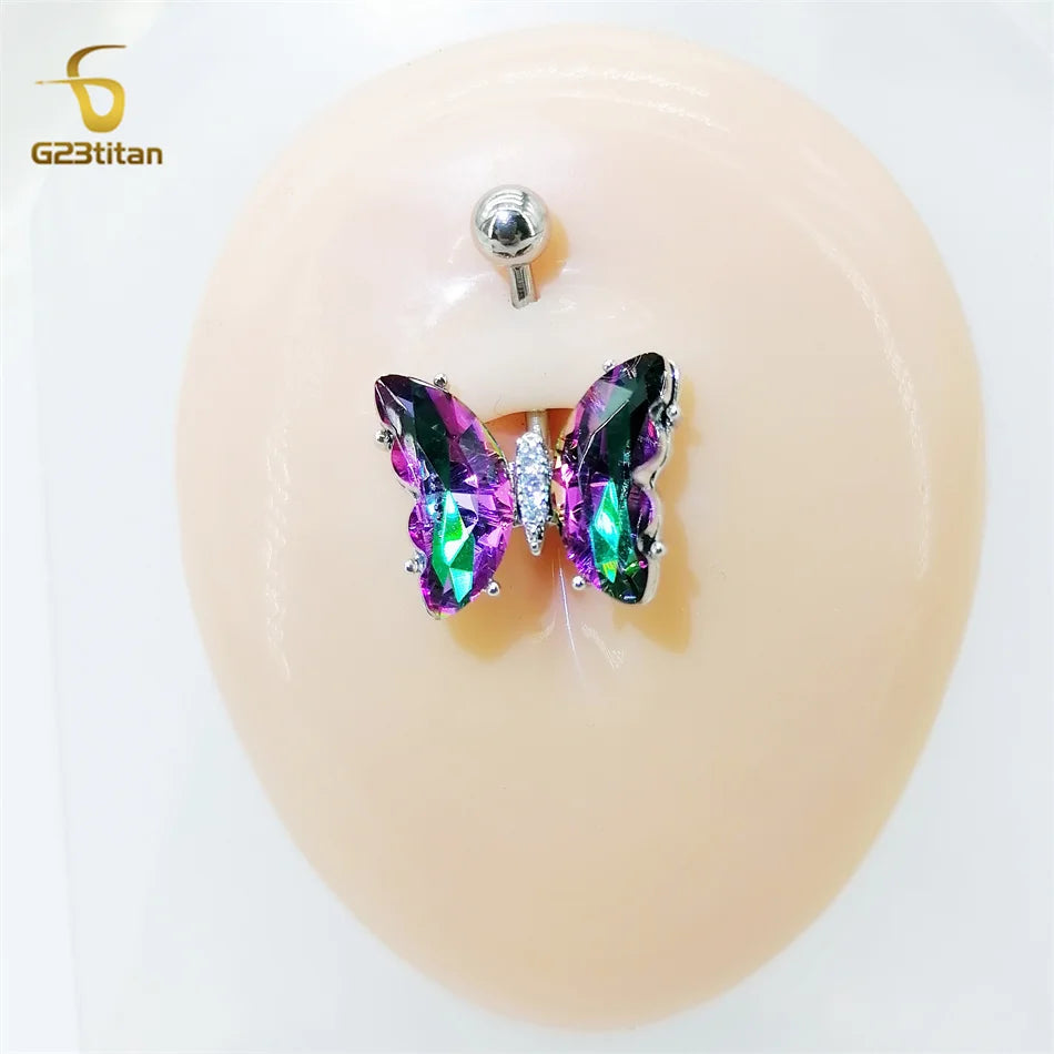 G23titan Colorful Zircon Butterfly Belly Button Ring Hypoallergenic Surgical Steel or Titanium Navel Barbell Umbilical Piercing