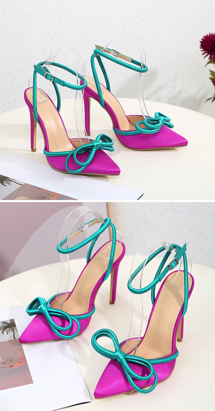 Eilyken 2024 New Arrival Silk Pumps Woman Ankle Buckle Strap Pointed Toe Hih Heel Sandal Sexy Party Nightclub Wedding Shoes