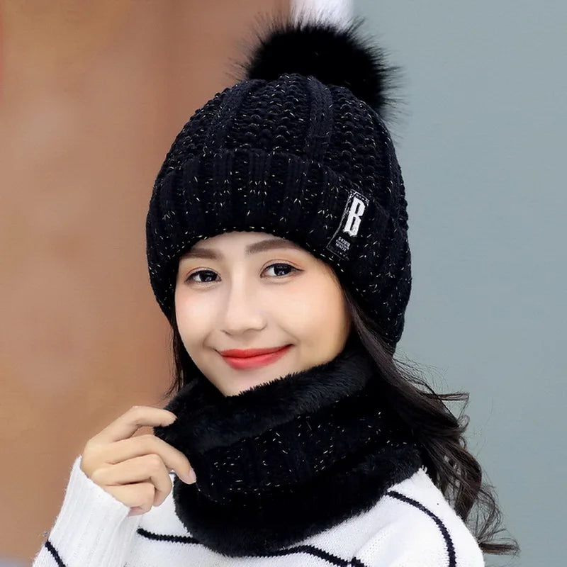 Winter Knitted Scarf Hat Set Thick Warm Skullies Beanies Hats for Women Outdoor Cycling Riding Ski Bonnet Caps Tube Scarf Rings