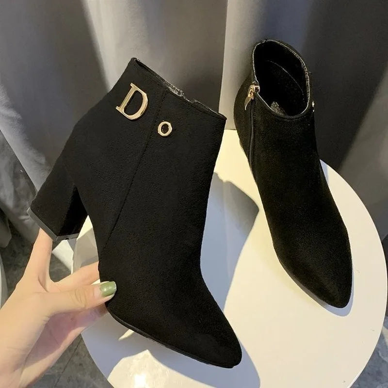 Women Ankle Boots Black Leather Fashion Ankle Boots Women Mid-heel Pointed Ladies Booties High Heel Short Wedding Boots