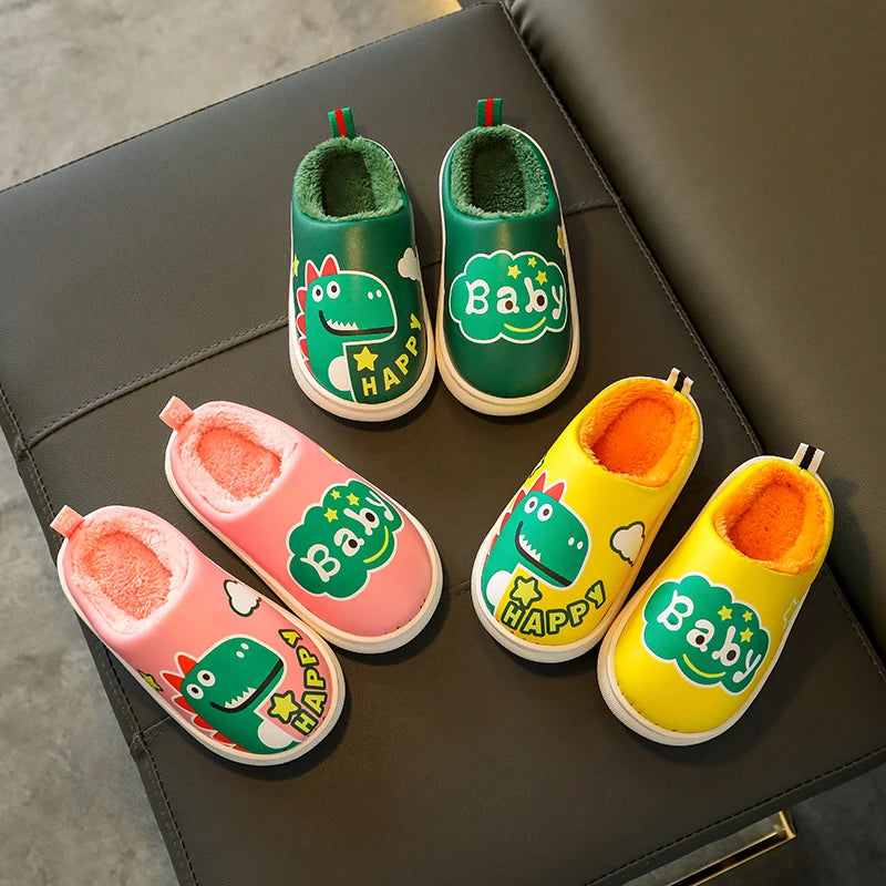 New Winter Waterproof Flip Flops Cotton Slippers Children's Cartoon Dinosaur Non-slip Soft Kids Boys Girls Warm Plush Home Shoes