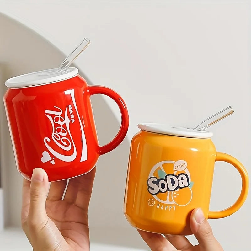 Cola Coffee Mug with Lid and Straw, Ceramic Coffee Cups, Water Cups, Home Kitchen Items, Birthday Gifts, 400ml, 13.5oz