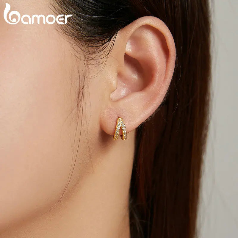 Bamoer 925 Sterling Silver Classic Geometry Earrings Women Zircon Crystal Double Rings Ear Hoop Earrings 3 Colors