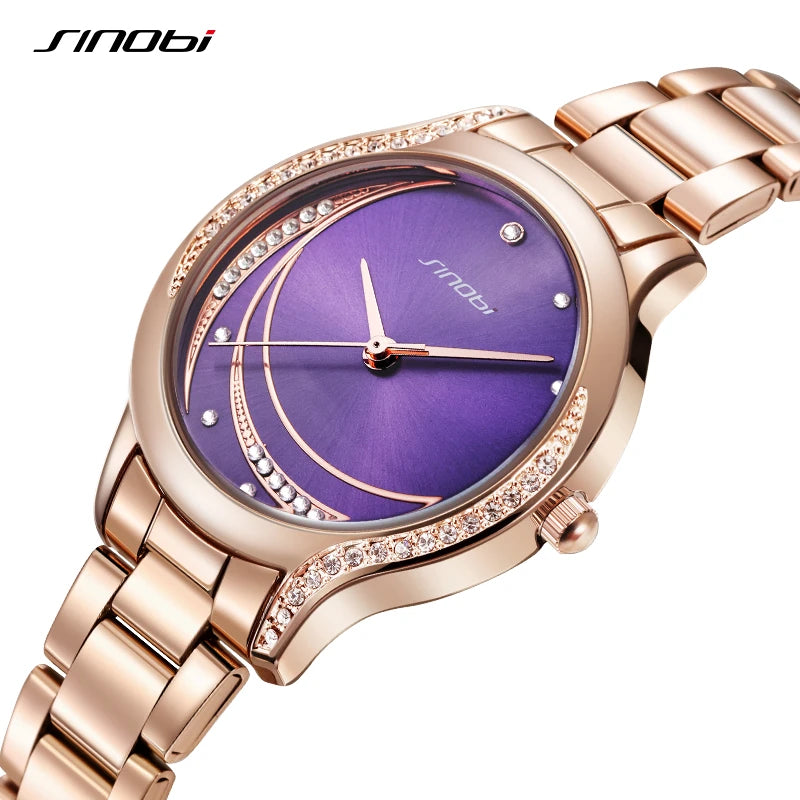 Sinobi Purple Golden Ladies Clock Fashion Diamond Luxury Woman's Quartz Wristwatches Original Design Lady Watches Girl Bracelet