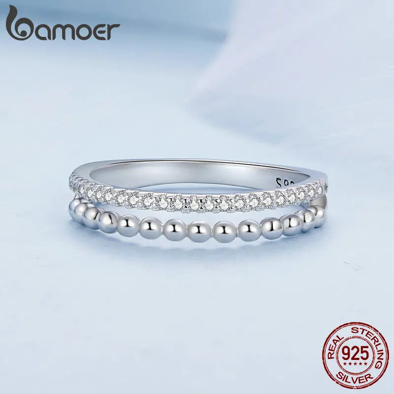 Bamoer 925 Sterling Silver Double Layer Ring Stackable Finger Ring for Women Engagement Band Fine Jewelry Gift