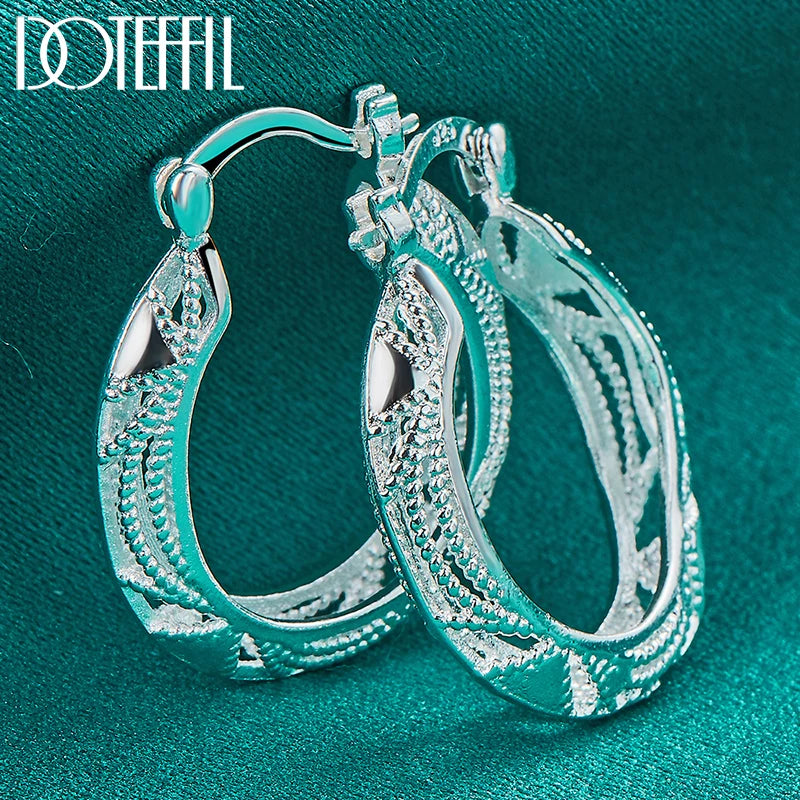 DOTEFFIL 925 Sterling Silver Retro Hollow Flower 30mm Hoop Earring For Woman Fashion Party Wedding Engagement Party Jewelry