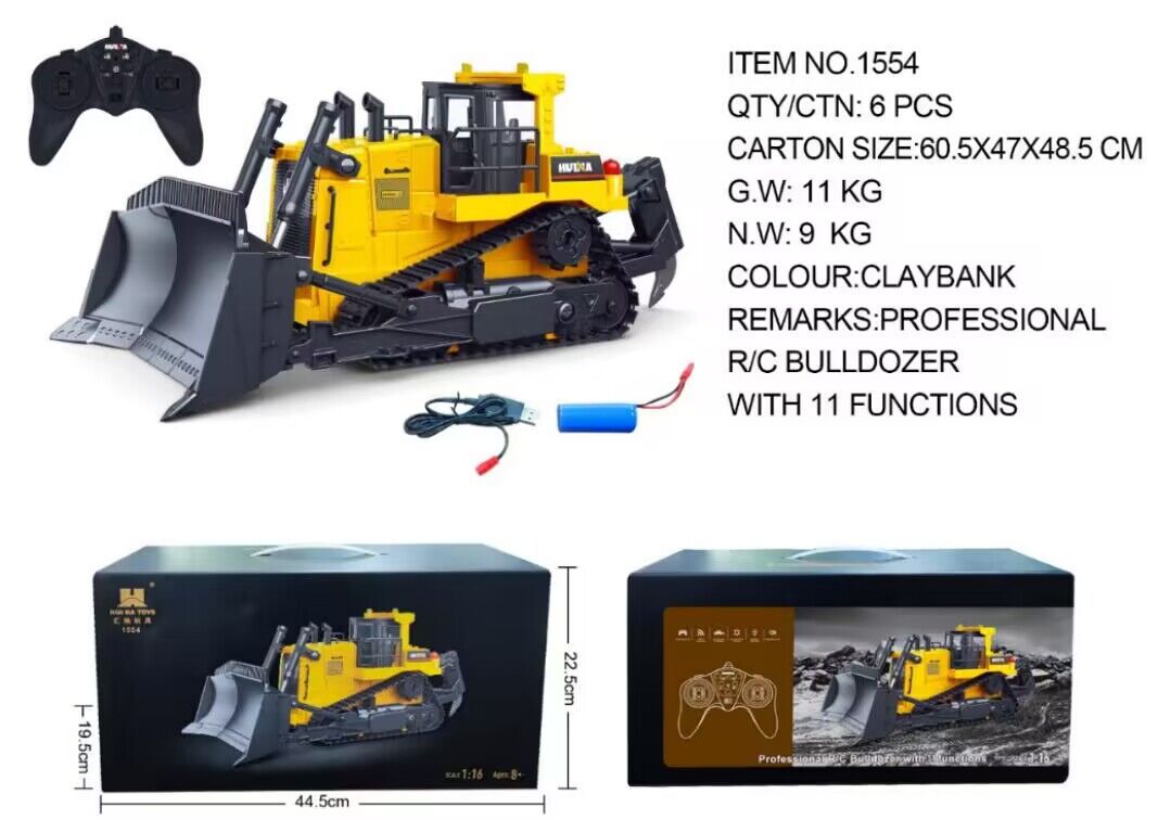 1:16 11 Channels Remote Control Bulldozer Huina 1554 Heavy Duty Bulldozer Kids R/c Engineering Car Christmas Gift