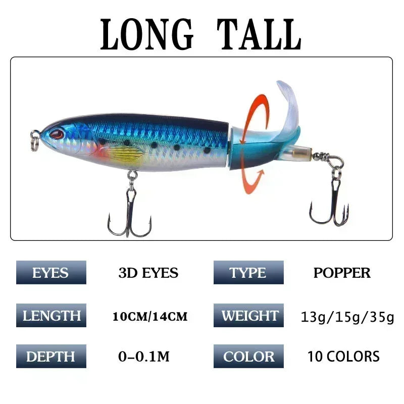 1 Pcs Topwater Fishing Lure Whopper Popper Artificial Bait Hard Plopper Soft Rotating Tail Fishing Tackle Fishing Bait 10cm/14cm