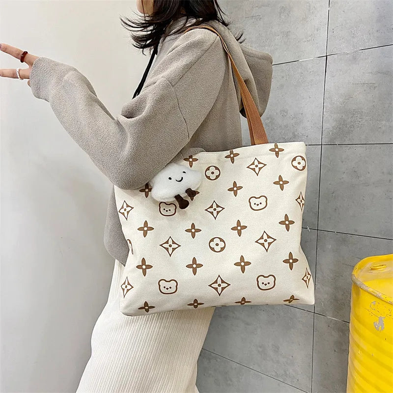 Cute Cartoon Bear Funny Print Women Shoulder Canvas Bag New Punk Casual Fashion Large Tote Bag