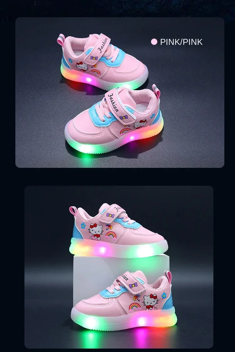 Sanrio LED Kids Shoes for Girls Cute Cartoon Hello Kitty Shoes Summer Girl Kawaii Shoes Soft Bottom Sneakers Casual Shoes