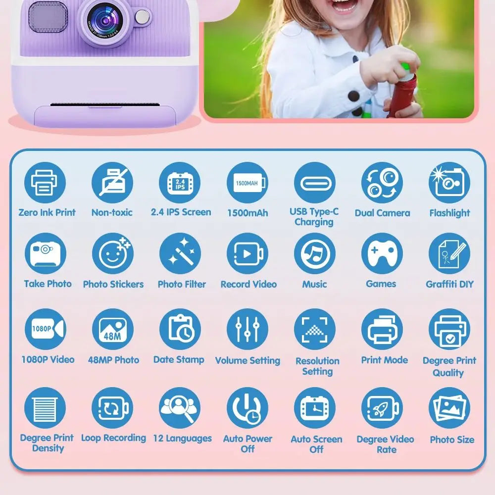 M8 Children Camera Instant Print Dual Lens Kids Photo Printing Camera HD Video Recording with Thermal Paper Educational Toys