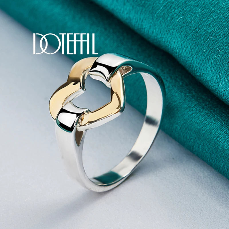 DOTEFFIL 925 Sterling Silver Gold Heart Ring For Women Wedding Engagement Party Fashion Charm Jewelry