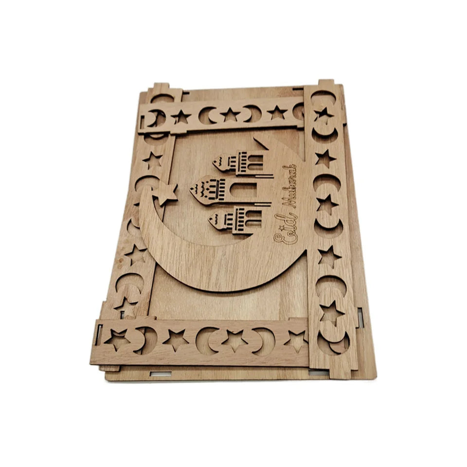 Eid Mubarak Wooden Tray Hollowed Moon Temple Food Holders for Ramadan Kareem Islamic Party Food Holder Al-Fitr Table Decorations