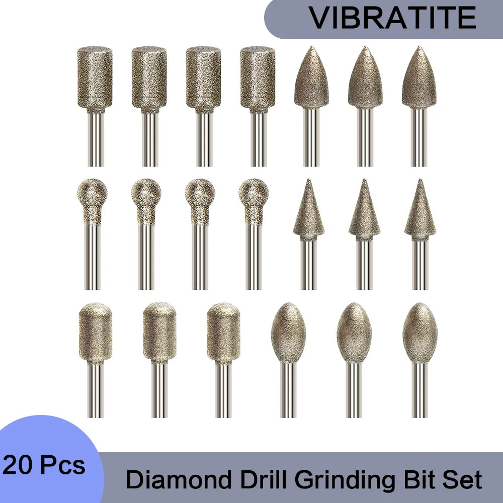 20 Pcs Diamond Drill Grinding Bit Set with 1/8-inch Shank Stone Carving Rotary Tools for Polishing Tile Ceramics Marble Granite