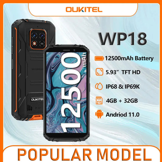 OUKITEL WP18 12500mAh Battery Rugged Smartphone 4GB+32GB 5.93"HD Quad-Core Helio A22 Cell Phone Android 11 Mobile Phone