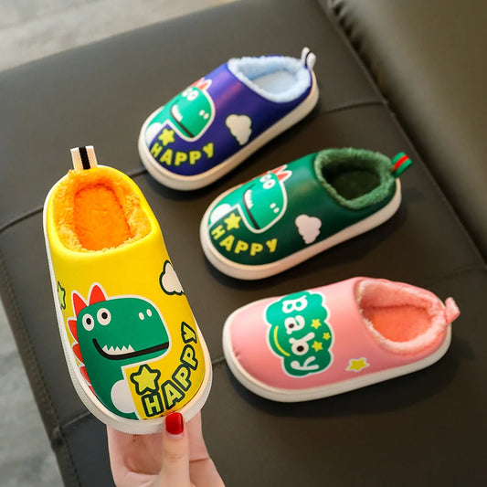 New Winter Waterproof Flip Flops Cotton Slippers Children's Cartoon Dinosaur Non-slip Soft Kids Boys Girls Warm Plush Home Shoes