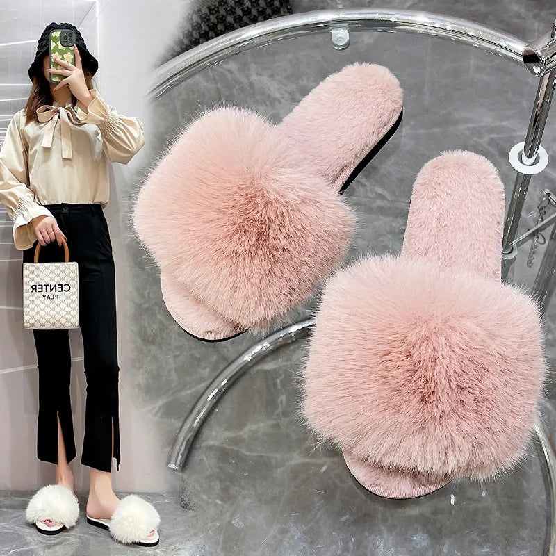 Winter Fur Slippers Home Women Indoor Furry Soft Fluffy Plush Platform Flat Cotton Slippers Luxury Designer Slides House Shoes