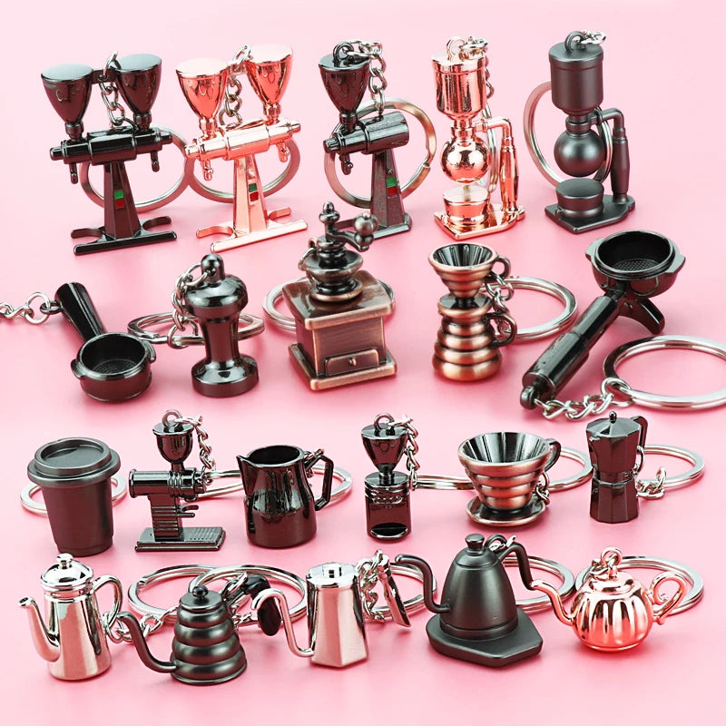 3D Mini Alloy Metal Coffee Equipment Key ring Moka Pot Coffee Cup Bucket Keyring Cafe Gift for Coffee Lovers Keychain Pendants