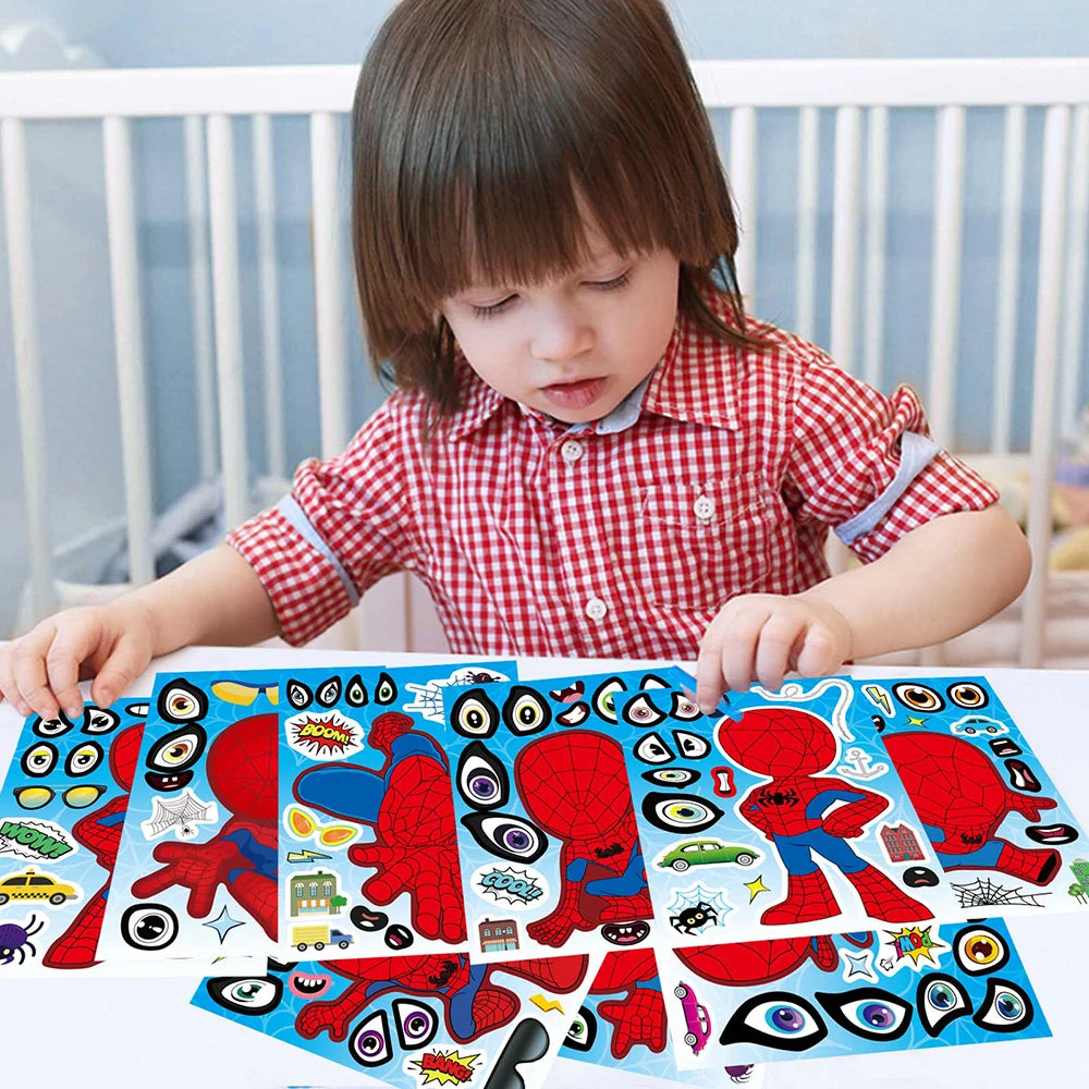 8/16Sheets Spider Man Puzzle Stickers For Boys Make-a-Face Toy Disney Marvel Kids Game Assemble Jigsaw Children Party Decoration