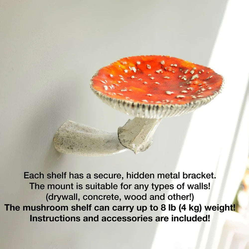 Mushroom Hanging Shelf Resin Wall Floating Shelf Amanita Mushroom Shape Wall Hanging Decorative Shelves Bathroom Light Holder