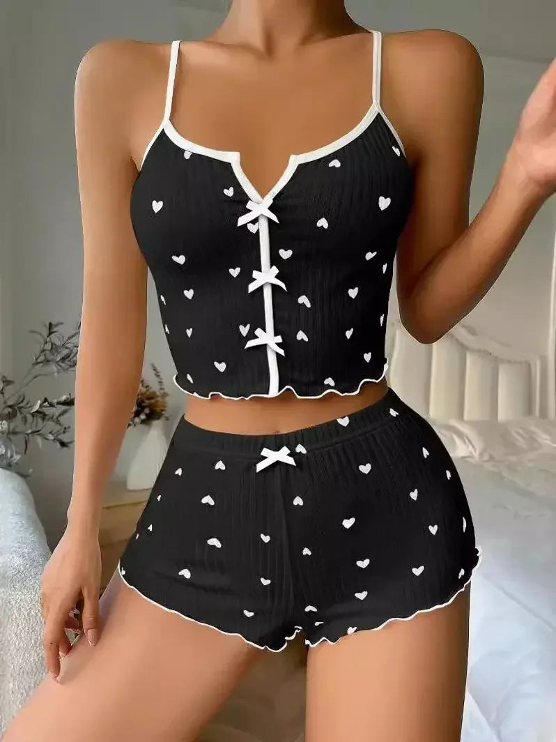 Heart Printed Silk Stain V-Neck Sleeveless Casual Cami Top and Shorts Sets Women Sexy Sleepwear Pajamas Set Home Suit Loungewear