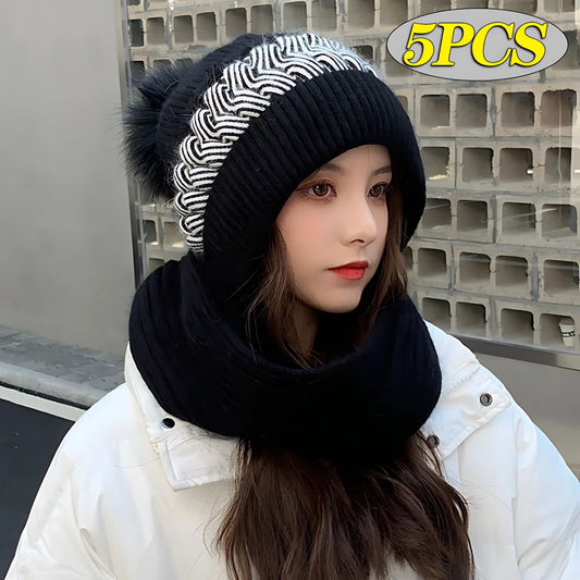 8PCS Hat Scarf All-in-one Female Winter Warm Rabbit Hair Knitted Cap Cycling Ear Protection Padded Cute Cold-proof Neck Cap