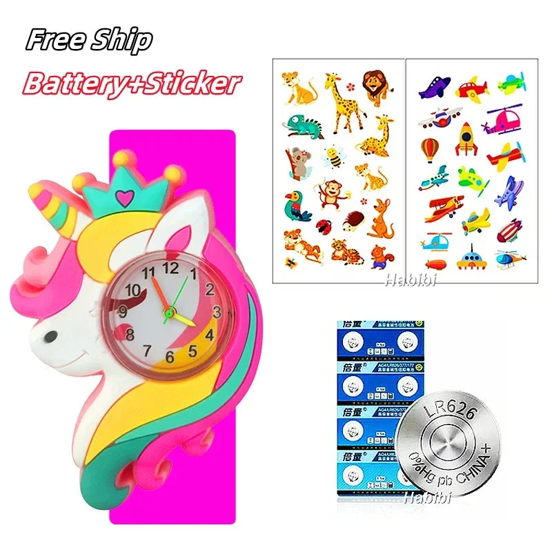 Cartoon Children Watches Baby Study Time Toy Bracelet Kids Slap Watch for Boys Girls Birthday Gift Clock Free Spare Battery