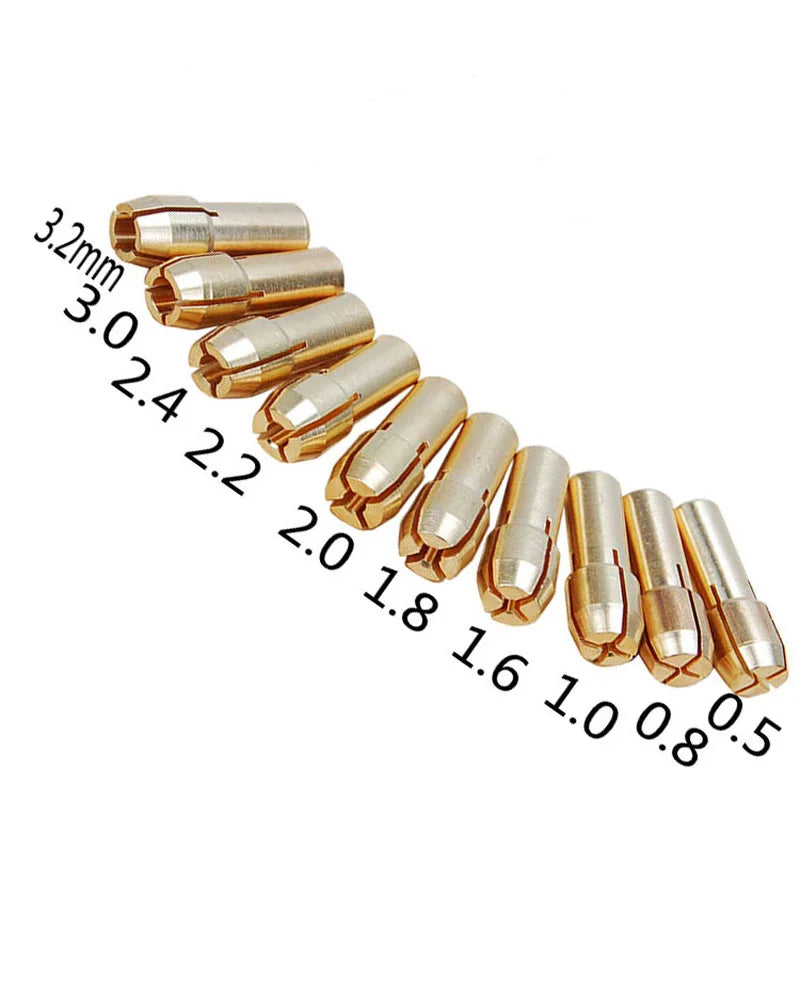 10 Pieces Brass Dremel Collet Mini Drill Chucks Including 0.5/0.8/1.0/1.6/1.8/2.0/2.2/2.4/3.0/3.2mm