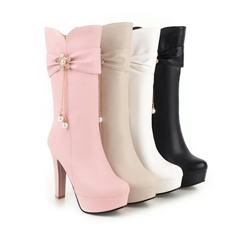 Autumn And Winter New fashion zipper Crystal Flower Thick heel High heel Middle tube Women's Boots high 10cm plus size 35-43