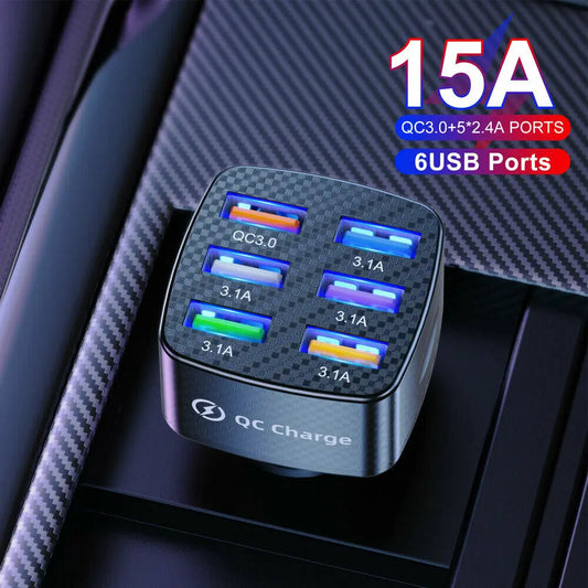 6 Port 15A Output Current PC Fire Retardant Material USB Car Charger Adapter QC3.0 Fast Charge Port Charging Car Accessories