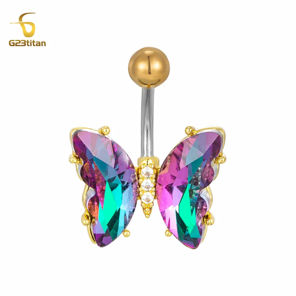 G23titan Colorful Zircon Butterfly Belly Button Ring Hypoallergenic Surgical Steel or Titanium Navel Barbell Umbilical Piercing