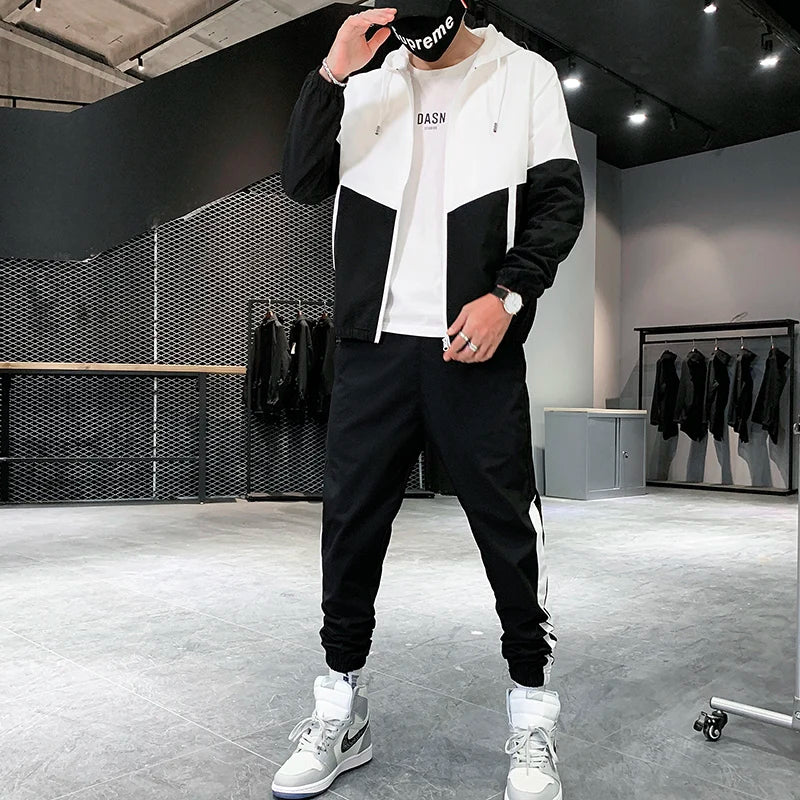 Patchwork Hip Hop Casual Men's Sets  Korean Style 2 Piece Sets Clothes Men Streetwear Fitness Male Tracksuit